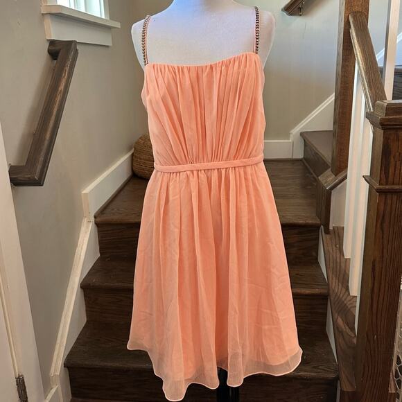 David's Bridal Short Peach Chiffon Dress with Rhinestone Straps Size 10 NEW - Picture 2 of 10